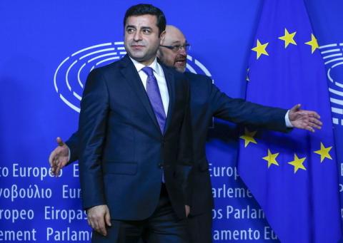 Selahattin Demirtas (L), co-leader of the pro-Kurdish Peoples' Democratic Party (HDP) is welcomed by European Parliament President Martin Schulz in Brussels, January 27, 2016. PHOTO BY REUTERS/Yves Herman