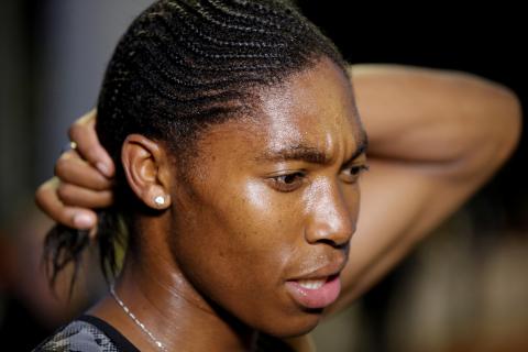 South African athlete Caster Semenya speaks with journalists after she raced during a 2,000 metres for the first time after her ban due to elevated testosterone levels, at a small meeting in Montreuil, near Paris, France, June 11, 2019. PHOTO BY REUTERS/Philippe Wojazer