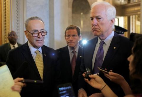 Senators Chuck Schumer (D-NY) (L), Richard Blumenthal (D-CT), and John Cornyn (R-TX), speak after the Senate voted to override U.S. President Barack Obama's veto of a bill that would allow lawsuits against Saudi Arabia's government over the Sept. 11 attacks, on Capitol Hill in Washington, U.S., September 28, 2016. PHOTO BY REUTERS/Joshua Roberts