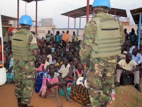 Civilians take shelter at the United Nations Mission in the Republic of South Sudan (UNMISS) compound on the outskirts of the capital Juba in South Sudan, in this December 17, 2013 handout from the UNMISS