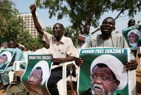 Protesters hold banners calling for the release of Sheikh Ibrahim Zakzaky, the leader of the Islamic Movement of Nigeria (IMN), in Abuja, Nigeria, January 26, 2018. PHOTO BY REUTERS/Afolabi Sotunde