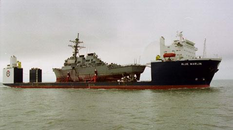 The Norwegian heavy transport ship the Blue Marlin carries the damaged USS Cole through the Mississippi Sound toward the Litton Ingalls Shipbuilding facility in Pascagoula, Mississippi, December 13, 2000. PHOTO BY REUTERS/David Rae Morris