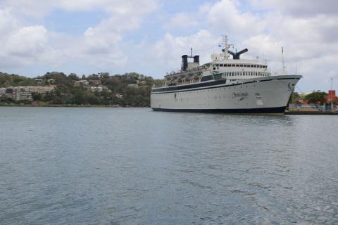 A 440-foot ship owned and operated by the Church of Scientology, SMV Freewinds, is docked under quarantine from a measles outbreak in port near Castries, St. Lucia, May 2, 2019. PHOTO BY REUTERS/Micah George