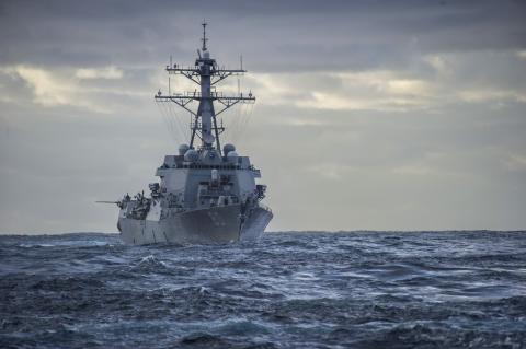 The US Navy Arleigh Burke-class guided-missile destroyer USS Roosevelt steams in the Atlantic while en route to the Mediterranean Sea