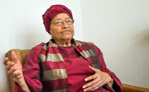 Former Liberian President Ellen Johnson Sirleaf speaks during a Reuters interview in Kigali, Rwanda, April 28, 2018. PHOTO BY REUTERS/Jean Bizimana