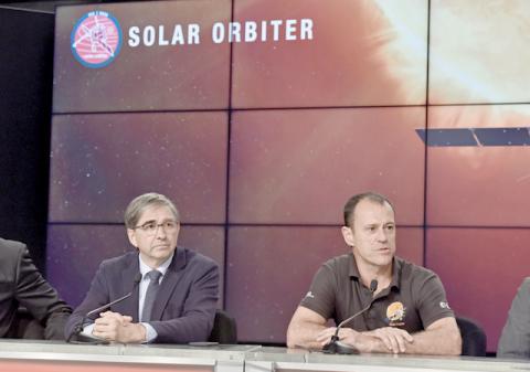 European Space Agency Solar Orbiter Project Manager Cesar Garcia listens as Airbus Defense and Space Solar Orbiter Project Manager Ian Walters discusses the agency's science mission to the sun during a pre-launch news conference at Kennedy Space Center at Cape Canaveral, Florida, February, 7, 2020. PHOTO BY REUTERS/Steve Nesius