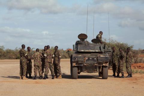 Kenya Defence Forces (KDF) soldiers, part of the African Mission in Somalia (AMISOM), prepare to exit the new airport of the coastal town of Kismayu in southern Somalia, November 12, 2013. PHOTO BY REUTERS/Siegfried Modola