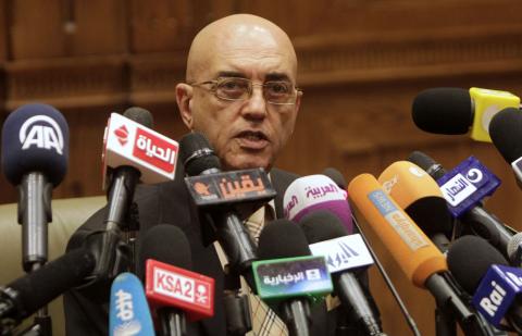 Constituent Assembly spokesman Mohamed Salmawy speaks at a news conference at the Shura Council in Cairo