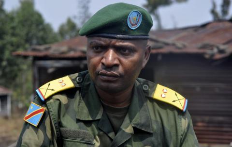 Congolese government army spokesman Colonel Olivier Hamuli talks to Reuters in Mutaho, outside the eastern Congolese city of Goma