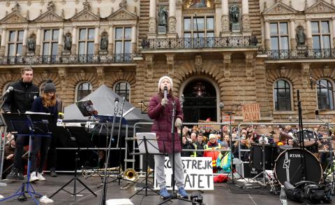 16-year-old Swedish environmental activist Greta Thunberg is seen on stage as she takes part in a protest claiming for urgent measures to combat climate change, in Hamburg, Germany, March 1, 2019. PHOTO BY REUTERS/Morris Mac Matzen