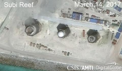 Construction is shown on Subi Reef, in the Spratly Islands, the disputed South China Sea. PHOTO BY REUTERS/CSIS/AMTI DigitalGlobe