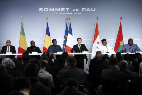 France's President Emmanuel Macron, Mali's President Ibrahim Boubacar Keita, Burkina Faso's President Roch Marc Christian Kabore, Niger President Mahamadou Issoufou, Mauritania's President Mohamed Ould Cheikh El Ghazouani and Chad's President Idriss Deby deliver a news conference as part of the G5 Sahel summit on the situation in the Sahel region in Pau, France, January 13, 2020. PHOTO BY REUTERS/Guillaume Horcajuelo