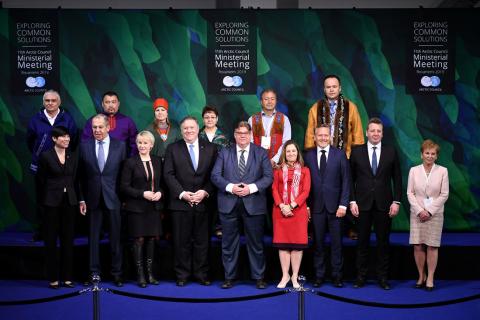 Front row from left, Foreign Ministers of Norway, Ine Eriksen Soreide, Russia, Sergey Lavrov, Sweden, Margot Wallstrom, U.S. Secretary of State Mike Pompeo, Finland's Timo Soini, Canada's Chrystia Freeland, Denmark's Anders Samuelsen, Iceland's Gudlaugur Thor Thordarson and Governor Hannele Pokka pose for a picture during the Arctic Council summit at the Lappi Areena in Rovaniemi, Finland, May 7, 2019. PHOTO BY REUTERS/Mandel Ngan