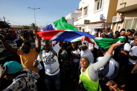 Supporters of president-elect Adama Barrow celebrate his inauguration at Gambia's embassy in Dakar, Senegal, January 19, 2017. PHOTO BY REUTERS/Thierry Gouegnon