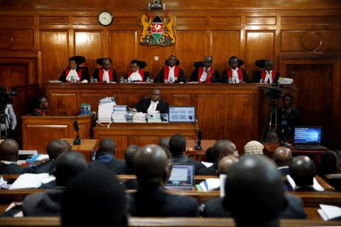 Kenyan Supreme Court judges attend a hearing of a petition challenging the election result filed by the National Super Alliance (NASA) coalition and Human Rights groups at the Supreme Court in Nairobi, Kenya, August 28, 2017. PHOTO BY REUTERS/Baz Ratner