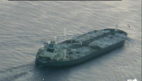 A still image from video taken by a U.S. Coast Guard HC-144 Ocean Sentry aircraft shows the oil tanker United Kalavyrta (also known as the United Kalavrvta), which is carrying a cargo of Kurdish crude oil, approaching Galveston, Texas