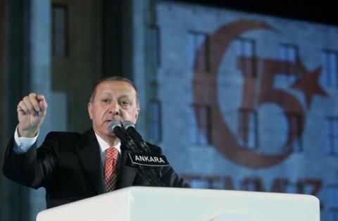 Turkish President Tayyip Erdogan makes a speech during a ceremony marking the first anniversary of the attempted coup at the Parliament in Ankara, Turkey, July 16, 2017. PHOTO BY REUTERS/Murat Cetinmuhurdar/Presidential Palace