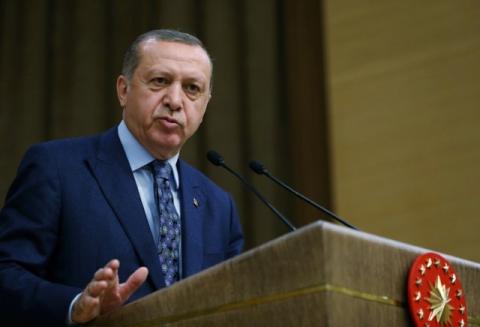 Turkish President Tayyip Erdogan addresses academics during a meeting at the Presidential Palace in Ankara, Turkey, July 26, 2017. PHOTO BY REUTERS/Murat Cetinmuhurdar/Presidential Palace