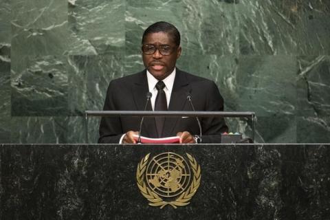 Equatorial Guinea's Second Vice-President Teodoro Nguema Obiang Mangue addresses attendees during the 70th session of the United Nations General Assembly at the U.N. Headquarters in New York, September 30, 2015. PHOTO BY REUTERS/Eduardo Munoz