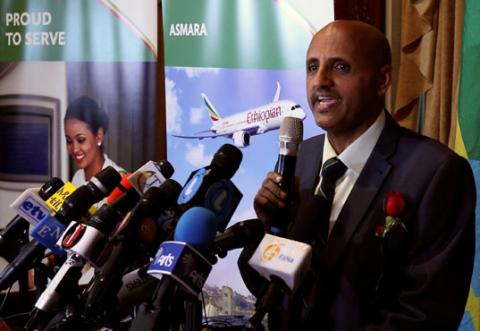 Ethiopian Airlines Chief Executive Officer Tewolde Gebremariam speaks during the ceremony as they resume flights to Eritrea's capital Asmara at the Bole international airport in Addis Ababa, Ethiopia, July 18, 2018. PHOTO BY REUTERS/Tiksa Negeri