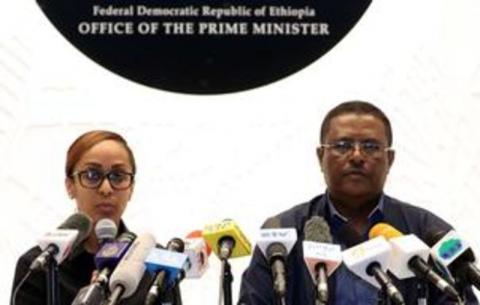 Nigusu Tilahun, Press Secretary at the office of the Ethiopian Prime Minister, and his deputy Billene Seyoum address a news conference on the attempted coup in Addis Ababa, Ethiopia, June 23, 2019. PHOTO BY REUTERS/Tiksa Negeri