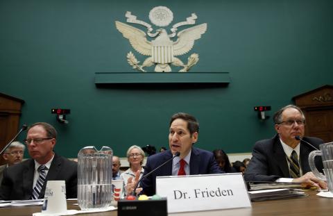 U.S. Centers for Disease Control and Prevention (CDC) Director Tom Frieden (C) testifies at a House Energy and Commerce Subcommittee on Oversight and Investigations hearing called the "Review of CDC Anthrax Lab Incident" on Capitol Hill in Washington July 16, 2014.REUTERS/Kevin Lamarque