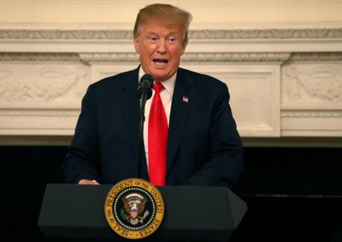 U.S. President Donald Trump delivers remarks to the National Association of Attorneys General in the State Dining Room at the White House in Washington, U.S., March 4, 2019. PHOTO BY REUTERS/Leah Millis