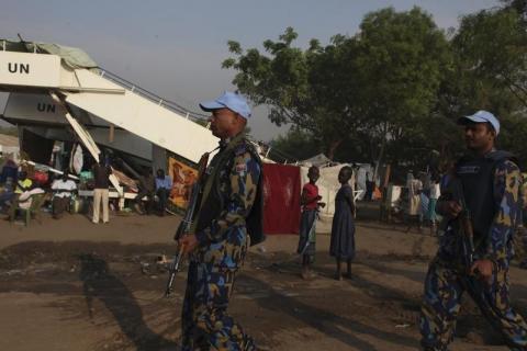 UN police officers patrol in the Tomping United Nations camp for internally displaced persons in Juba