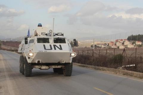 U.N. peacekeepers of the United Nations Interim Force in Lebanon (UNIFIL) patrol in Kfar Kila village in south Lebanon, near the border with Israel, January 28, 2015. PHOTO BY REUTERS/Aziz Taher