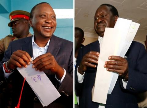 A combination picture shows Kenyan opposition leader Raila Odinga, the presidential candidate of the National Super Alliance (NASA) coalition, and Kenya's President Uhuru Kenyatta casting their vote during the presidential election, Kenya, August 8, 2017. PHOTO BY REUTERS/Thomas Mukoya/Baz Ratner