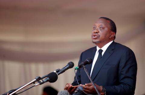 Kenyan President Uhuru Kenyatta, speaks during a state funeral of Zimbabwe's longtime ruler Robert Mugabe, at the national sports stadium in Harare, Zimbabwe, September 14, 2019. PHOTO BY REUTERS/Siphiwe Sibeko