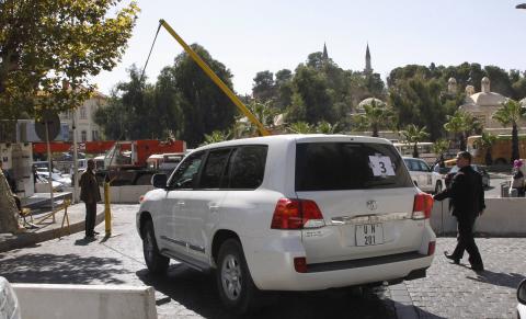 United Nations (U.N.) vehicles transporting a team of experts from the Organisation for the Prohibition of Chemical Weapons (OPCW)