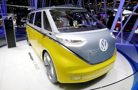 A Volkswagen I.D. Buzz concept car is seen during the 87th International Motor Show at Palexpo in Geneva, Switzerland, March 8, 2017. PHOTO BY REUTERS/Arnd Wiegmann