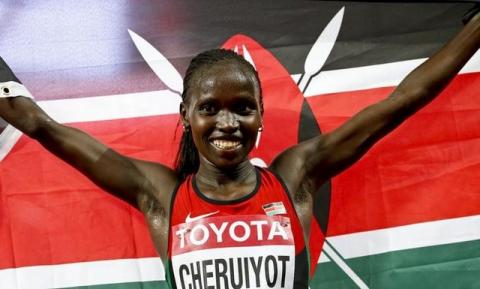 Vivian Jepkemoi Cheruiyot of Kenia reacts after winning the women's 10.000m event during the 15th IAAF World Championships at the National Stadium in Beijing, China August 24, 2015. PHOTO BY REUTERS/Lucy Nicholson