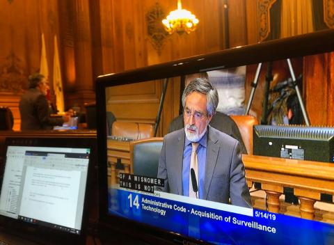 City Supervisor Aaron Peskin speaks before a vote on a surveillance technology ordinance that he sponsored, in San Francisco, California, U.S., May 14, 2019. PHOTO BY REUTERS/Jeffrey Dastin