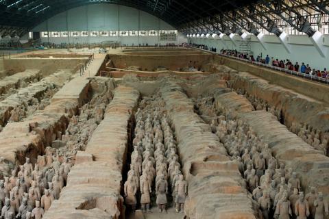 Terracotta warriors, which were unearthed during the first excavation from 1978 to 1984, stand inside the No. 1 pit of the Museum of Qin Terracotta Warriors and Horses in Xi'an, Shaanxi province, in China, September 19, 2014. PHOTO BY REUTERS/Benoit Tessier