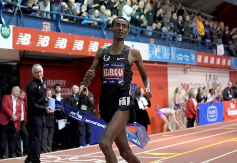 Yomif Kejelcha (ETH) wins the Wanamaker Mile in 3:48.46 - 0.01 off the world record of 3:48.45 set by Hicham El Guerrouj (MAR) in 1997 - during the 112th Millrose Games at The Armory. PHOTO BY REUTERS/Kirby Lee-USA TODAY Sports