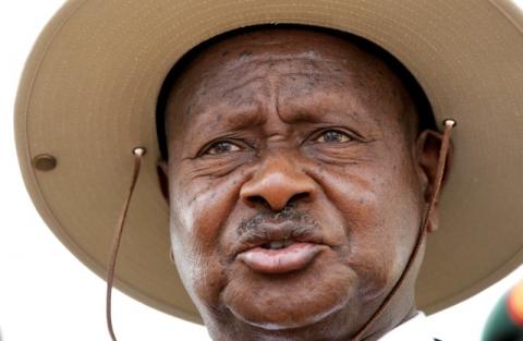 Uganda's President Yoweri Museveni talks to the media after casting his ballot at a polling centre in Kaaro High School in Rushere, Kiruhura district, west of Kampala, Uganda, February 18, 2011. PHOTO BY REUTERS/Thomas Mukoya