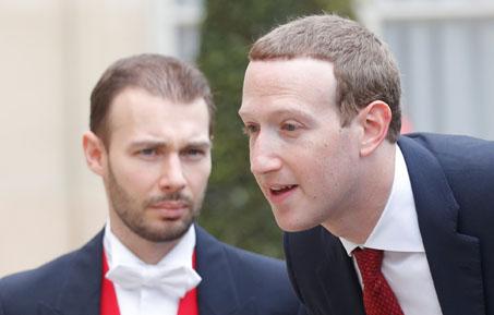 Facebook's CEO Mark Zuckerberg arrives for a meeting with French President Emmanuel Macron at the Elysee Palace in Paris, France, May 10, 2019. PHOTO BY REUTERS/Charles Platiau