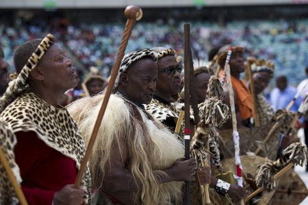 Zulu elders sing ahead of the address of Zulu King Goodwill Zwelithini in Durban, April 20, 2015. PHOTO BY REUTERS/Rogan Ward