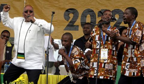 The new head of South Africa's ruling ANC, Jacob Zuma , is joined by a choir as he sings during the celebration of the African National Congress' (ANC) 96th Anniversary in Atteridgeville, Pretoria, January 12 2008. PHOTO BY REUTERS/Siphiwe Sibeko