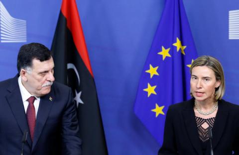 Libya's Prime Minister Fayez al-Sarraj and European Union foreign policy chief Federica Mogherini hold a joint news conference at the EU Commission headquarters in Brussels, Belgium, February 2, 2017. PHOTO BY REUTERS/Francois Lenoir