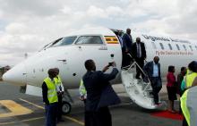 Passengers disembark from a Uganda Airlines Bombardier CRJ-900 plane during its relaunching flight to Jomo Kenyatta International Airport in Nairobi, Kenya, August 27, 2019. PHOTO BY REUTERS/Njeri Mwangi