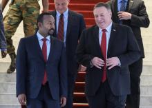 U.S. Secretary of State Mike Pompeo walks with Ethiopian Prime Minister Abiy Ahmed at the Prime Minister office after a meeting in Addis Ababa, Ethiopia, February 18, 2020. /PHOTO BY REUTERSAndrew Caballero-Reynolds/Pool