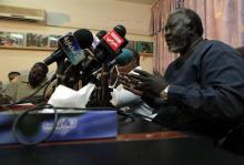 Malik Agar, head of the northern branch of the Sudan People's Liberation Movement (SPLM) speaks during a joint news conference with SPLM north's secretary general Yasir Arman