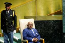 Comoros President Azali Assoumani sits in a chair reserved for heads of state before giving a speech to the United Nations General Assembly in New York, September 27, 2018. PHOTO BY REUTERS/Eduardo Munoz