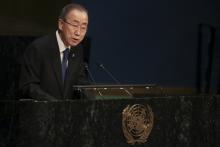 United Nations Secretary General Ban Ki-moon speaks during a ceremony to mark International Holocaust Remembrance Day at the United Nations headquarters in the Manhattan borough of New York, January 27, 2016. PHOTO BY REUTERS/Carlo Allegri