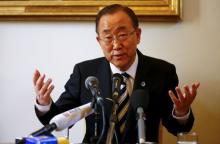 United Nations Secretary-General Ban Ki-moon gestures during a news conference as he attends a meeting about climate change and sustainable development at the Vatican, April 28, 2015. PHOTO BY REUTERS/Tony Gentile
