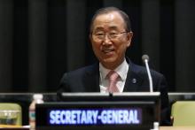 United Nations Secretary General Ban Ki-moon attends the 69th General Assembly before Turkish Prime Minister Ahmet Davutoglu addressed the United Nations General Assembly at the U.N. headquarters in New York, March 6, 2015. PHOTO BY REUTERS/Eduardo Munoz