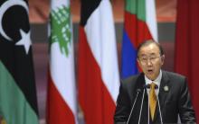 United Nations Secretary-General Ban Ki-moon speaks during the opening meeting of the Arab Summit in Sharm el-Sheikh, in the South Sinai governorate, south of Cairo, March 28, 2015. PHOTO BY REUTERS/Stringer